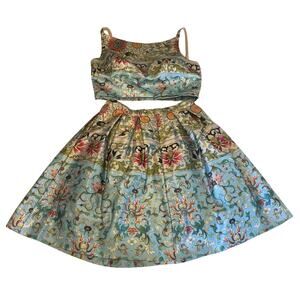 (2) Sherri Hill 6 prom dress chinoserie floral skirt crop top set formal blue